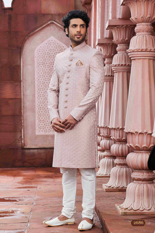 Men's Onion Pink Art Silk Thread Work Sherwani Set