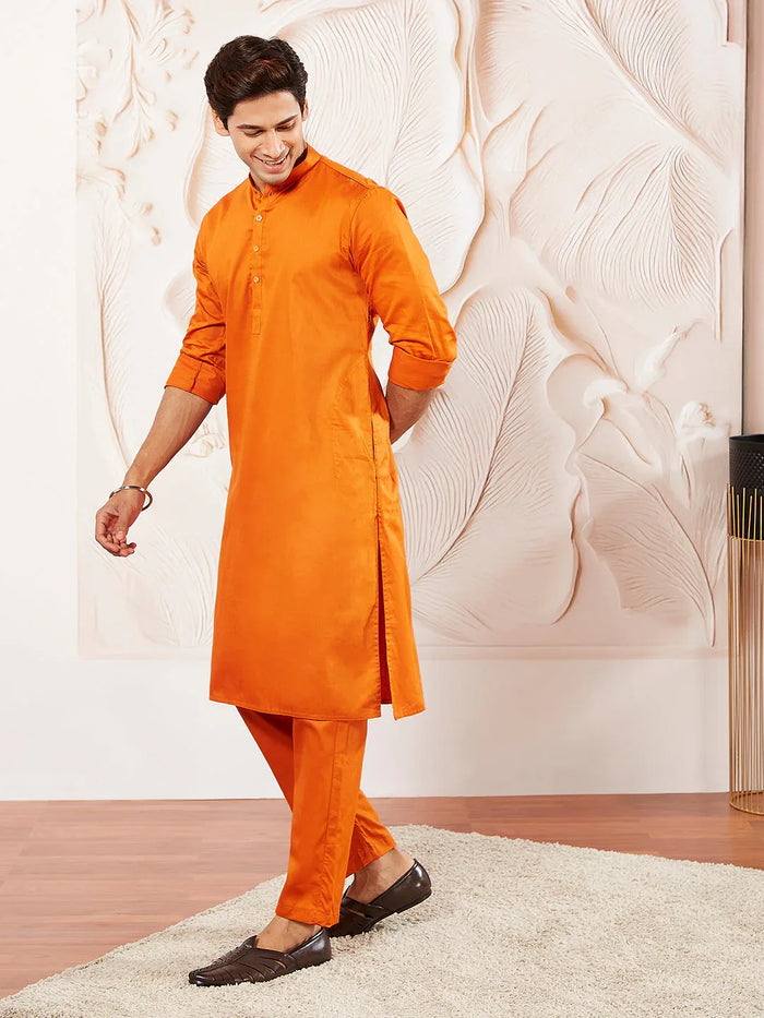 Men's Orange Cotton Blend Kurta Pyjama Set