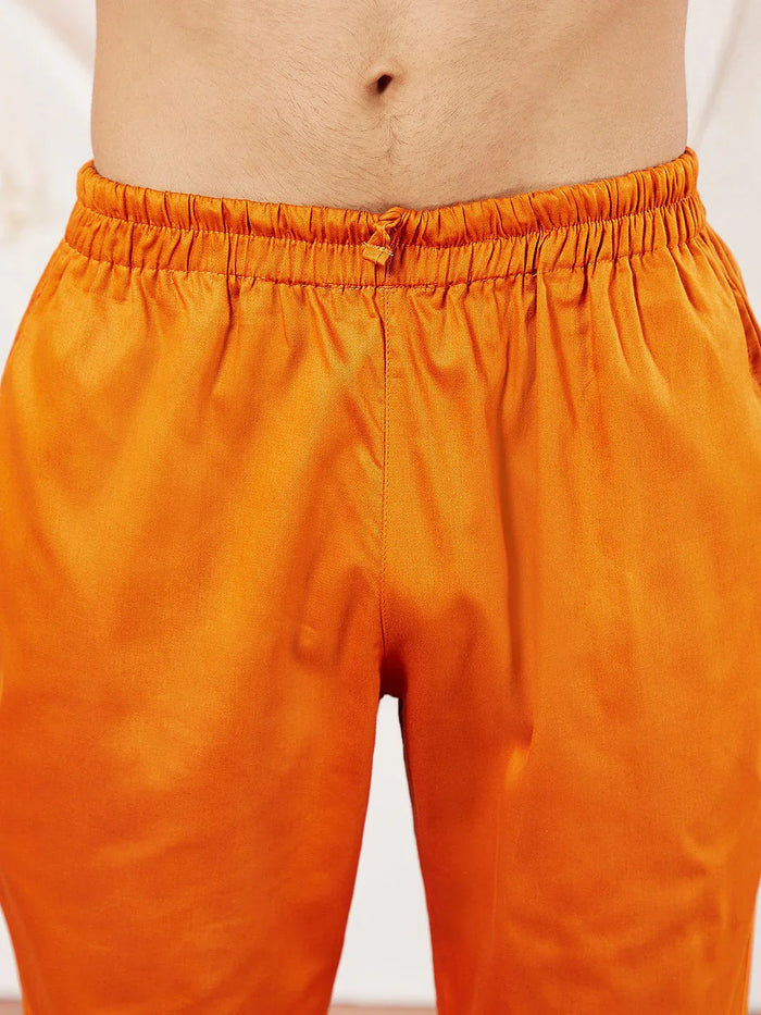 Men's Orange Cotton Blend Kurta Pyjama Set