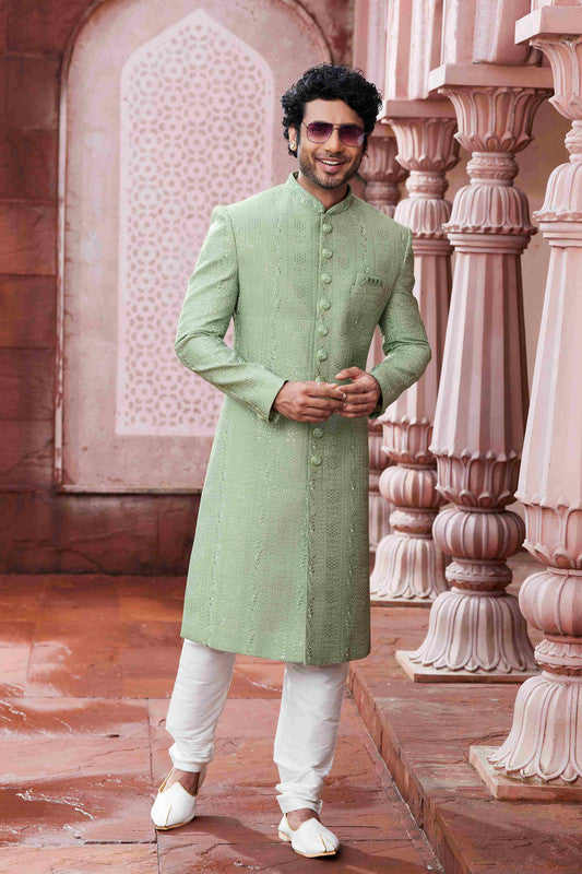 Men's Pastel Green Art Silk Thread Work Sherwani Set