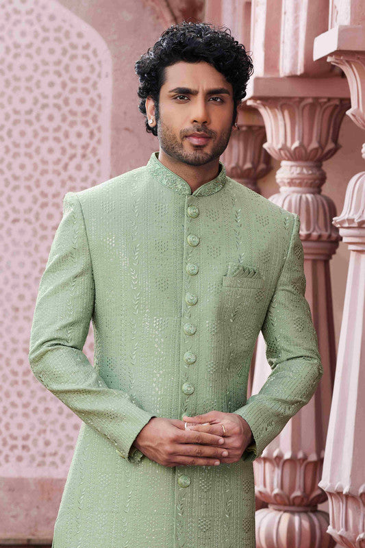 Men's Pastel Green Art Silk Thread Work Sherwani Set