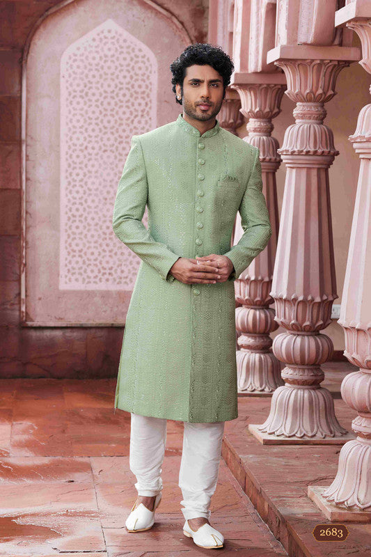 Men's Pastel Green Art Silk Thread Work Sherwani Set