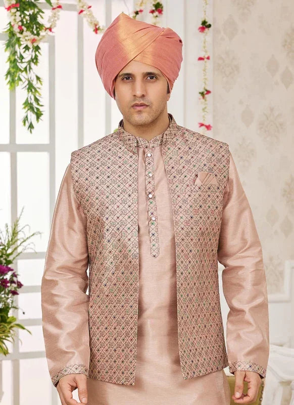 Men's Peach Art Silk Embroidery Work Jacket Set