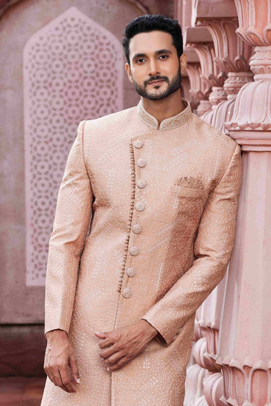 Men's Peach Art Silk Thread Work Sherwani Set