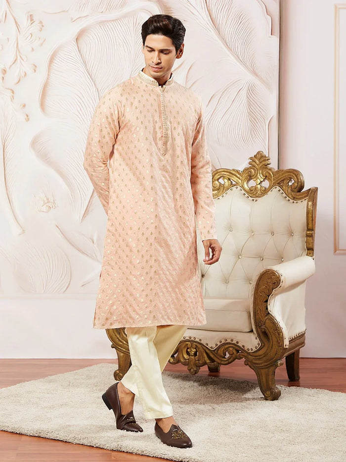 Men's Peach Jacquard Silk Blend Kurta Pyjama Set
