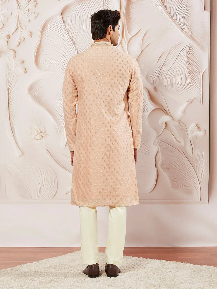 Men's Peach Jacquard Silk Blend Kurta Pyjama Set