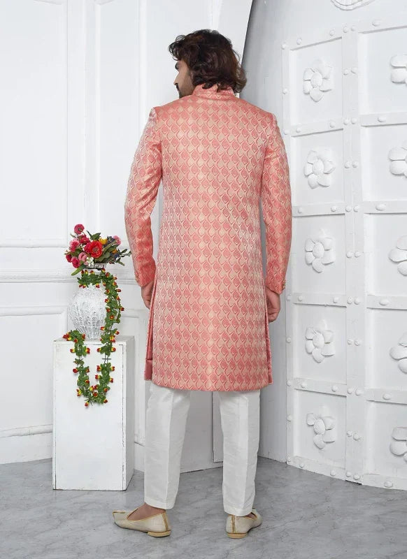 Men's Peach Pink Jacquard Silk Embroidery Indo Western Set