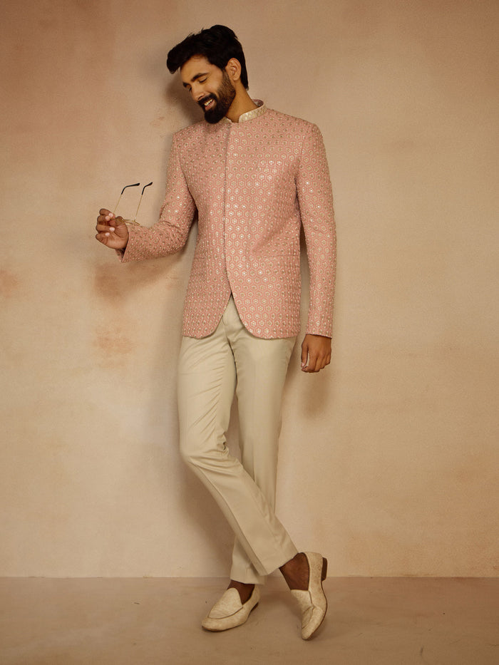 Men's Peach Sequin Embroidered Jodhpuri Jacket