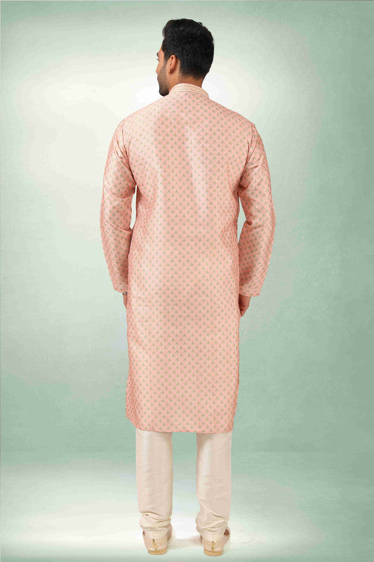 Men's Pink Art Silk Printed Work Kurta Pajama Set