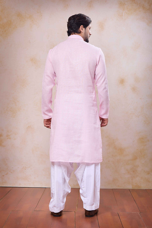 Men's Pink Linen Cotton Embroidery Collar Neck Pajama Set