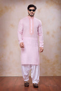 Men's Pink Linen Cotton Embroidery Collar Neck Pajama Set