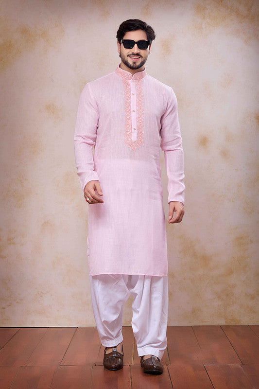 Men's Pink Linen Cotton Embroidery Collar Neck Pajama Set