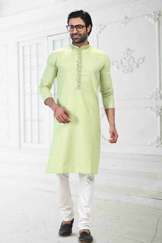 Men's Pista Green Linen Cotton Thread Work Collar Neck Pajama Set