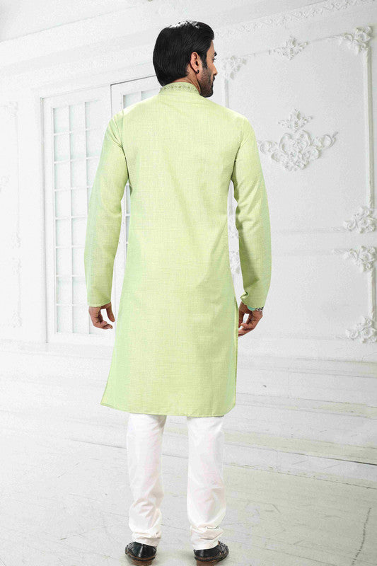 Men's Pista Green Linen Cotton Thread Work Collar Neck Pajama Set