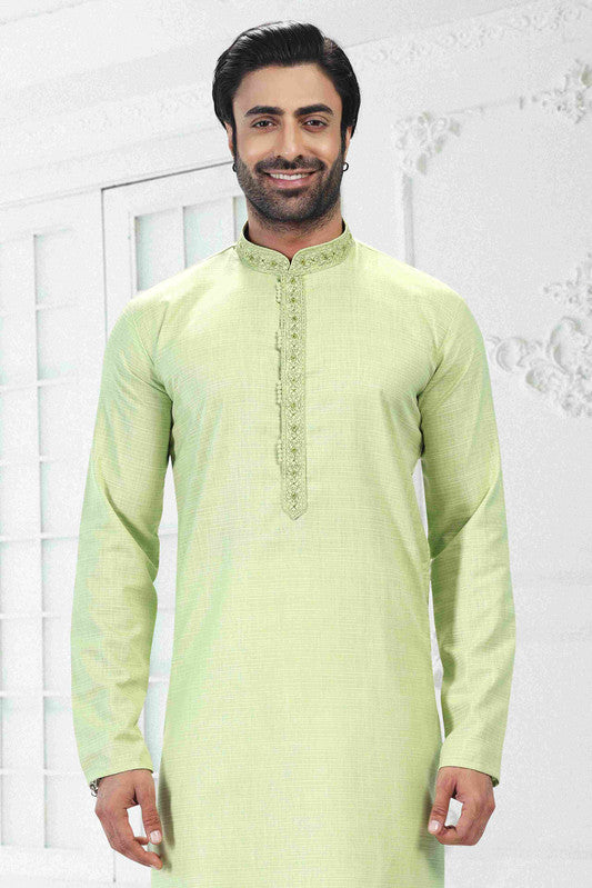 Men's Pista Green Linen Cotton Thread Work Collar Neck Pajama Set