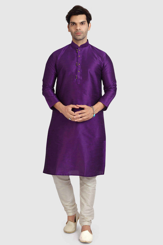 Men's Purple Art Silk Solid Kurta Pajama Set