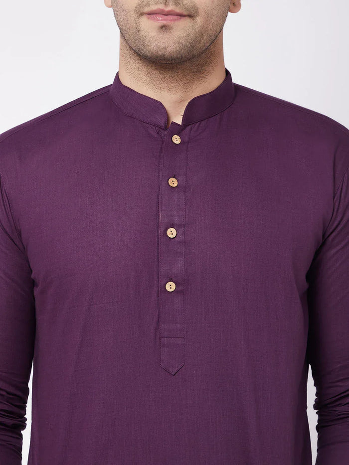 Men's Purple  Solid Cotton Blend Kurta And White Pyjama Set