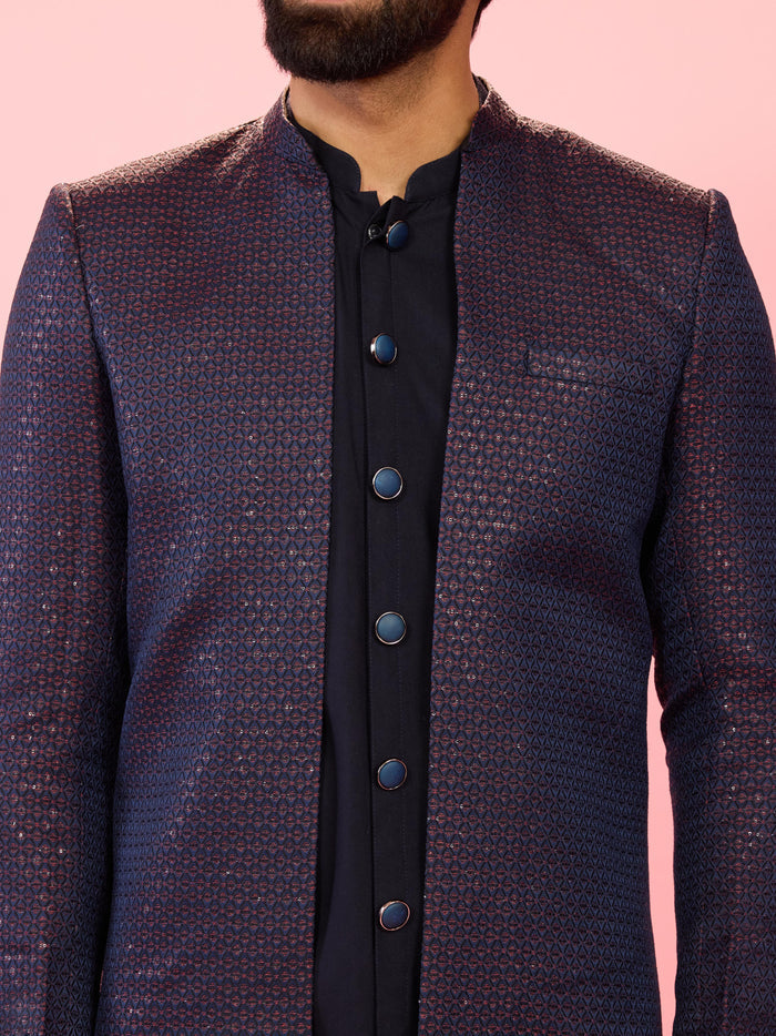 Men's Red Jacquard Silk Blend Indo-Western with Navy Blue Sleeveless Semi-Indo & Imported Suiting Pant Set