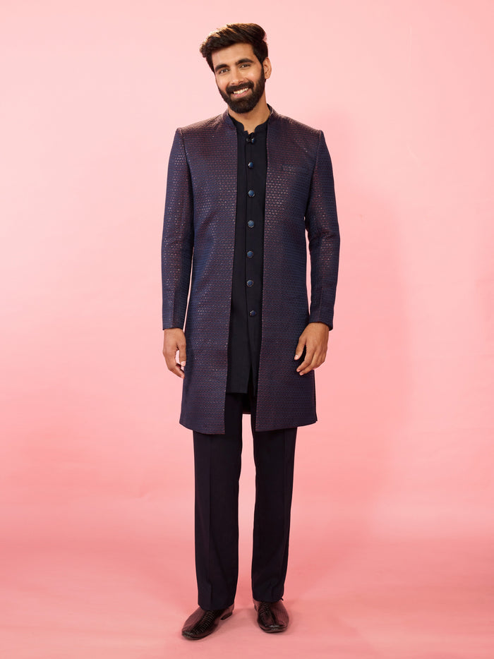 Men's Red Jacquard Silk Blend Indo-Western with Navy Blue Sleeveless Semi-Indo & Imported Suiting Pant Set
