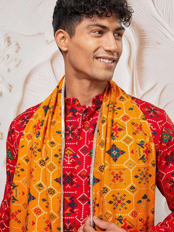 Men's Red Patola Print Silk Blend Kurta Pyjama Set with Yellow Printed Dupatta