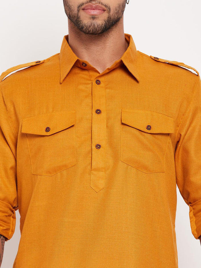 Men's Rust And White Cotton Blend Pathani Suit Set