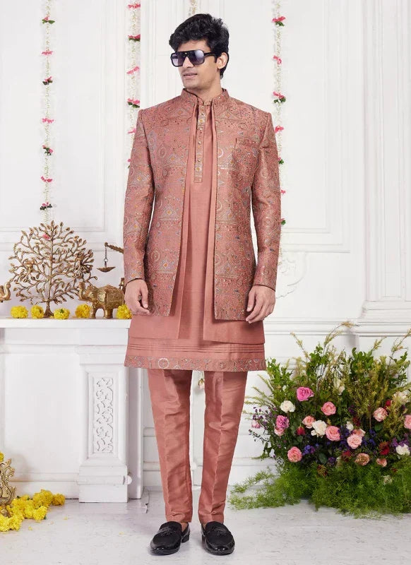 Men's Rust Art Silk Thread Work Indo Western Set