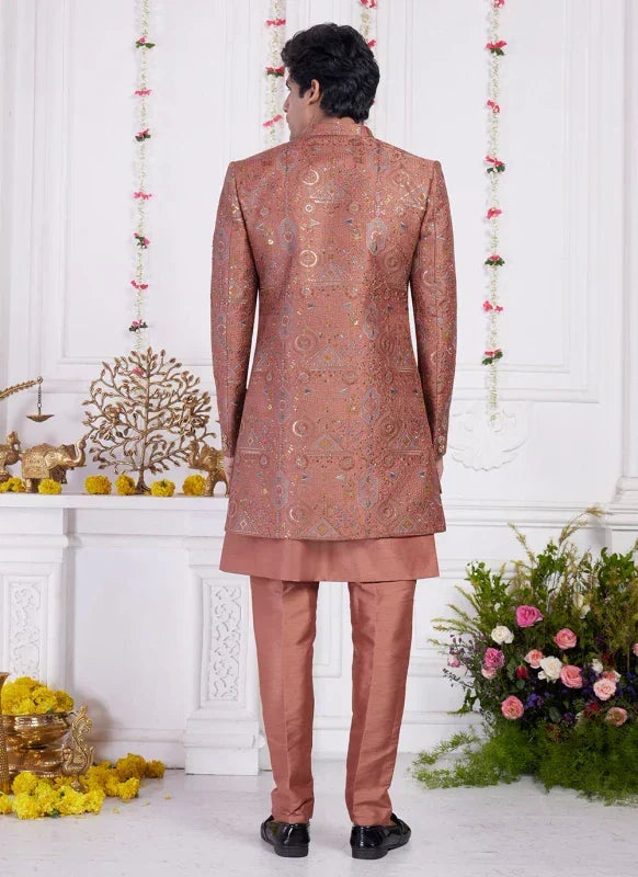 Men's Rust Art Silk Thread Work Indo Western Set