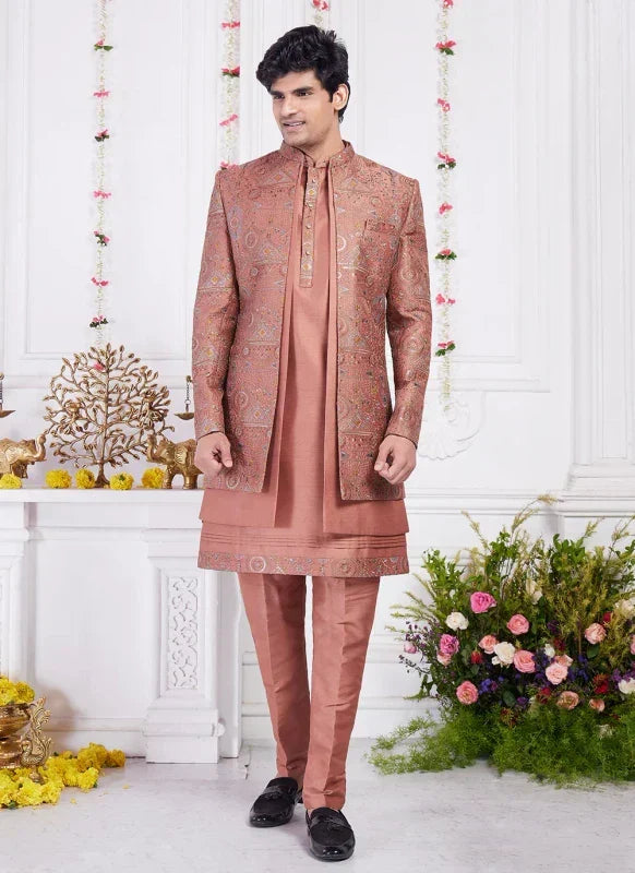 Men's Rust Art Silk Thread Work Indo Western Set