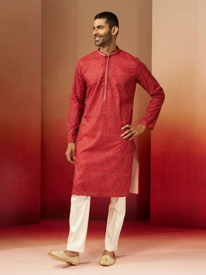 Men's Rust Bandhni Kurta Pyjama Set