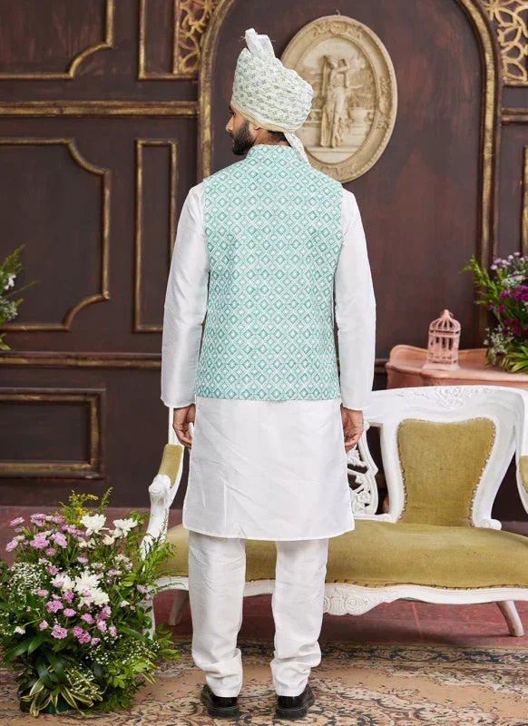 Men's Sea Green Art Silk Digital Print Jacket Set