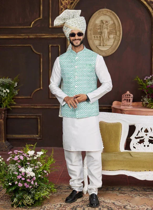 Men's Sea Green Art Silk Digital Print Jacket Set