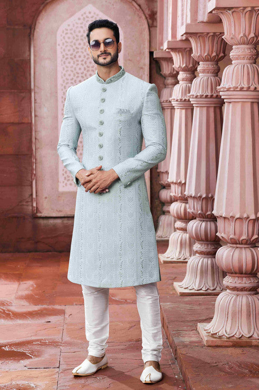 Men's Sky Blue Art Silk Thread Work Sherwani Set
