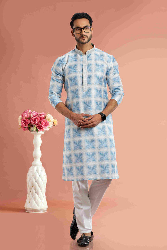 Men's Sky Blue Cotton Thread Work Collar Neck Pajama Set