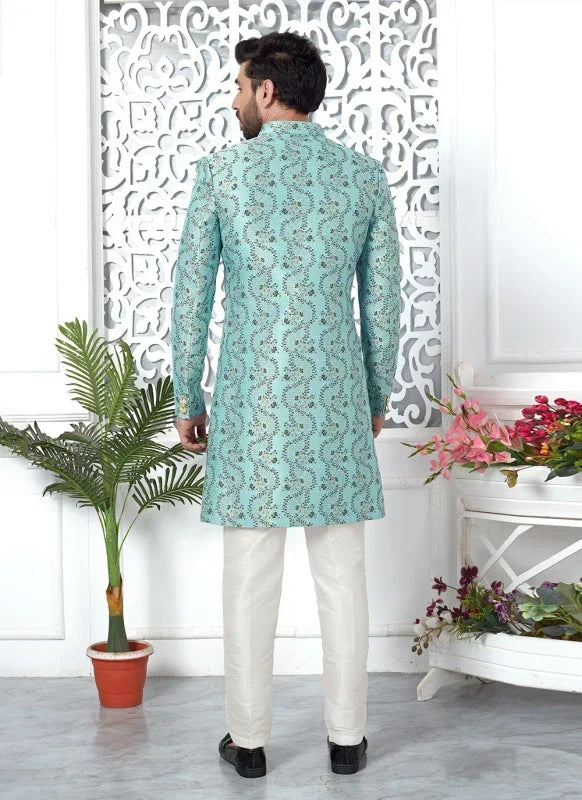 Men's Sky Blue Jacquard Silk Embroidery Indo Western Set