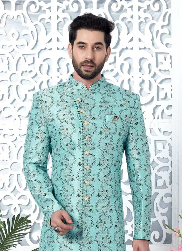 Men's Sky Blue Jacquard Silk Embroidery Indo Western Set