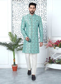 Men's Sky Blue Jacquard Silk Embroidery Indo Western Set