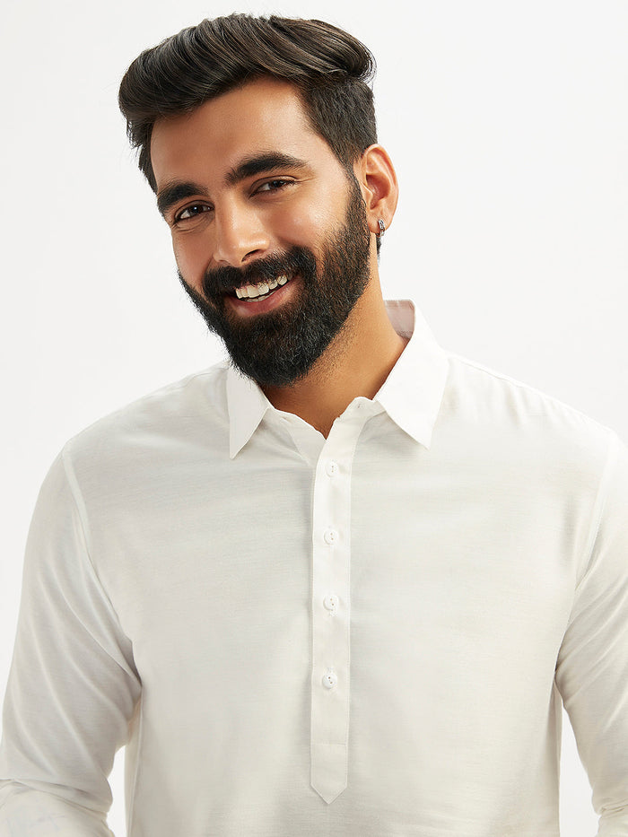 Men's White And Black Viscose Pathani Kurta Set