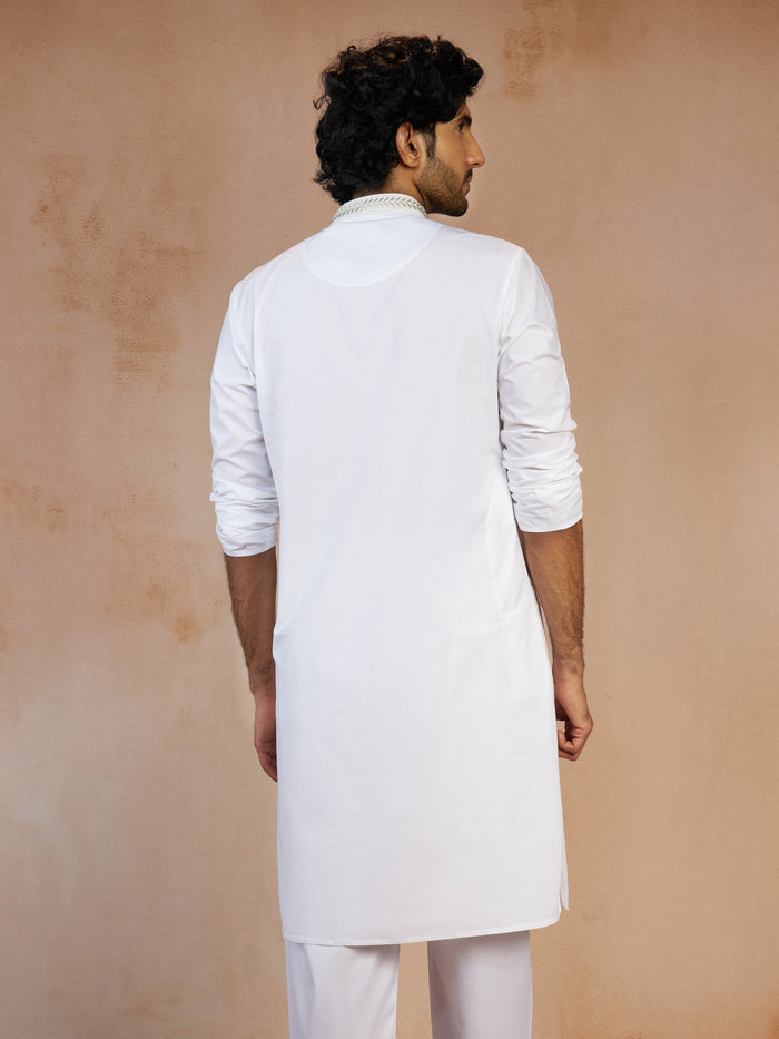 Men's White Thread Embroidered Cotton Long Kurta