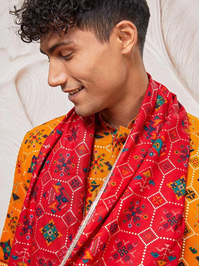 Men's Yellow Patola Print Silk Blend Kurta Pyjama Set with Red Printed Dupatta