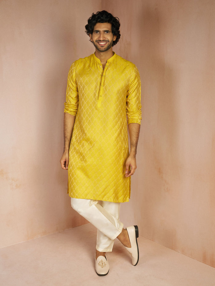 Men's Yellow Silk Blend Jacquard Thread Embroidery Long Kurta with Cream Viscose Pyjama Set
