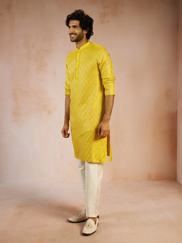Men's Yellow Silk Blend Jacquard Thread Embroidery Long Kurta with Cream Viscose Pyjama Set