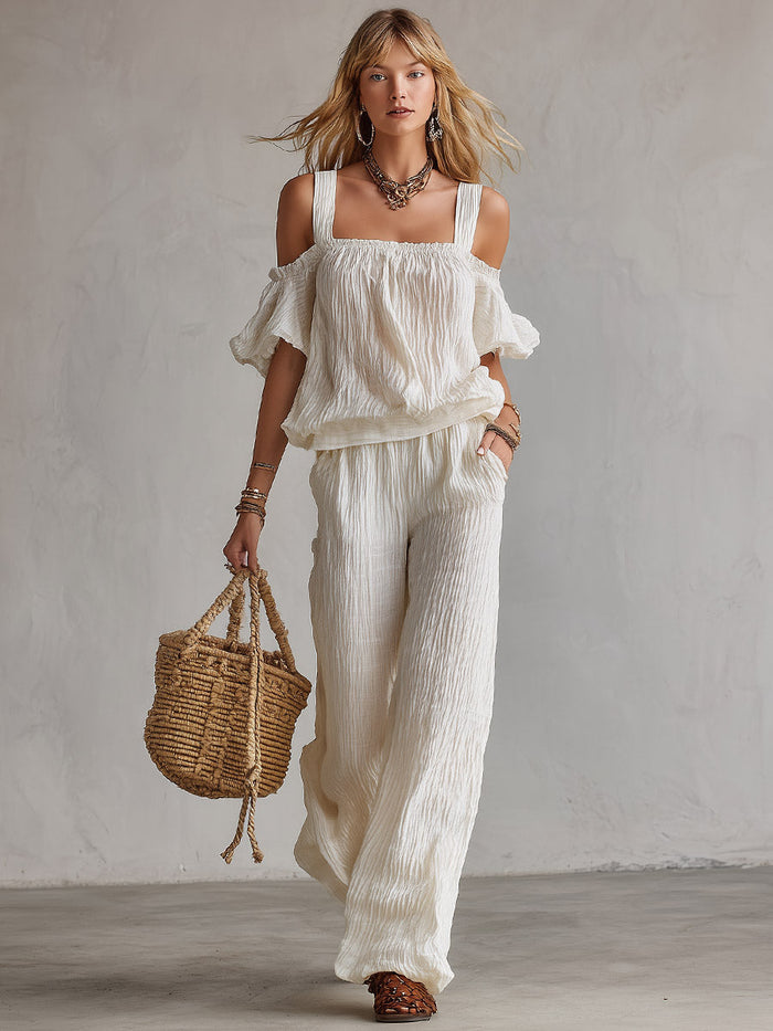 Minimalist Urban White T-Shirt & Wide-Leg Pants Crinkled Cotton-Linen Set  - By Qivii