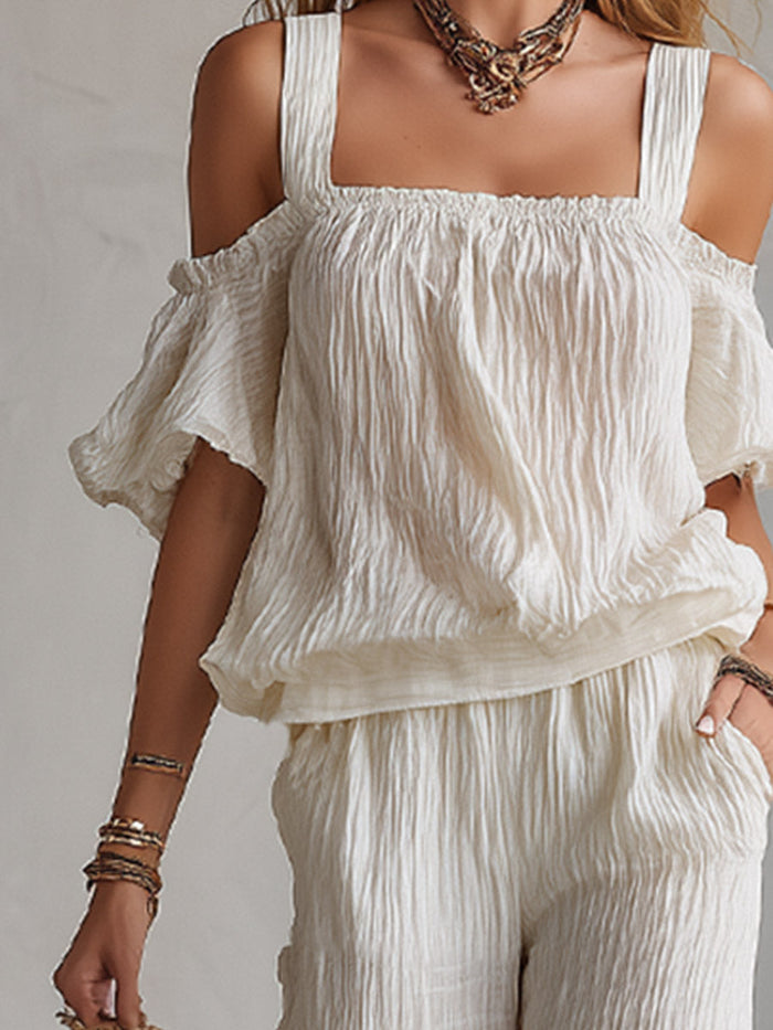Minimalist Urban White T-Shirt & Wide-Leg Pants Crinkled Cotton-Linen Set  - By Qivii