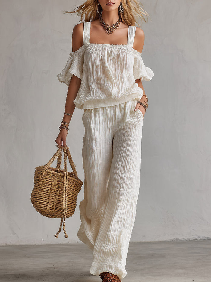 Minimalist Urban White T-Shirt & Wide-Leg Pants Crinkled Cotton-Linen Set  - By Qivii