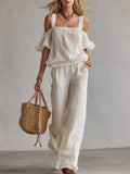 Minimalist Urban White T-Shirt & Wide-Leg Pants Crinkled Cotton-Linen Set  - By Qivii