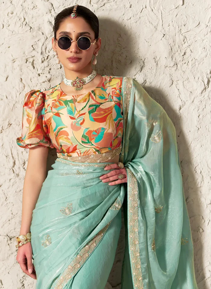 Mint Blue Embroidered Party Wear Saree