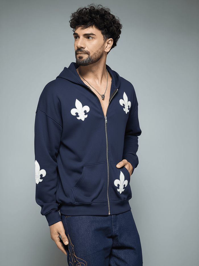 Navy Applique Zipped Hoodie