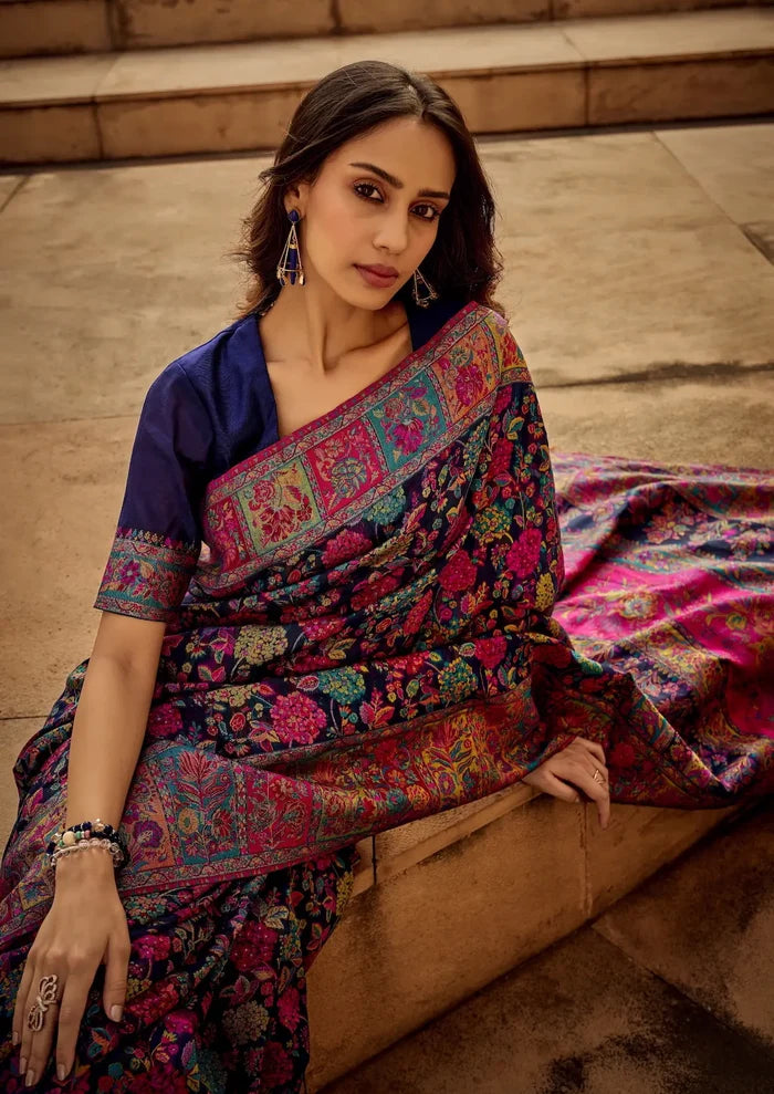 Navy Blue Modal Kashmiri Saree