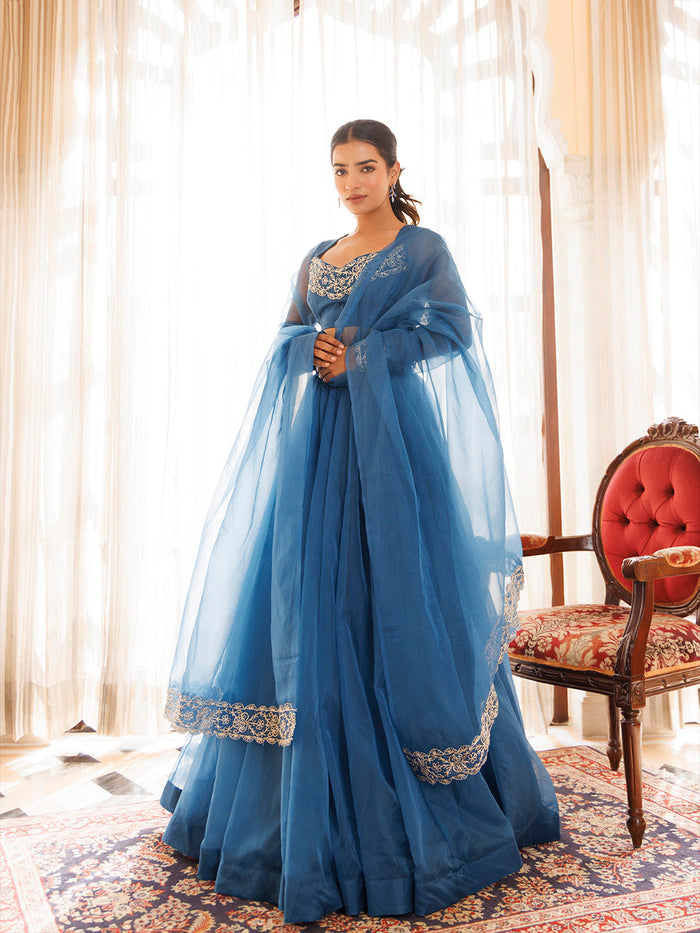 Navy Blue Organza Lehenga Set