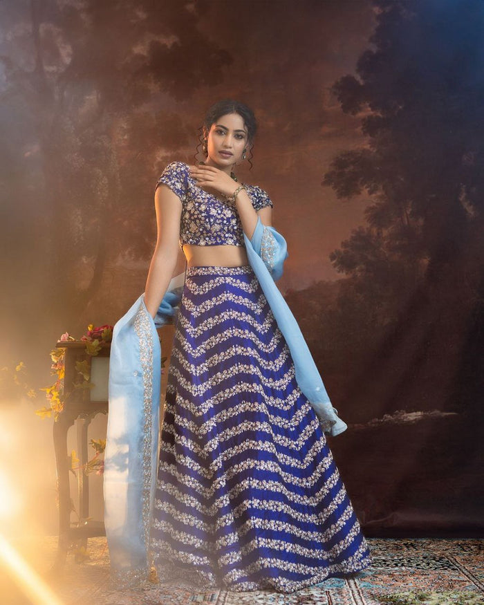 Navy blue Premium Chinon Silk  Embellished With Beautiful Embroidery Work Lehenga - INSPIRED | Ready To Wear - qivii